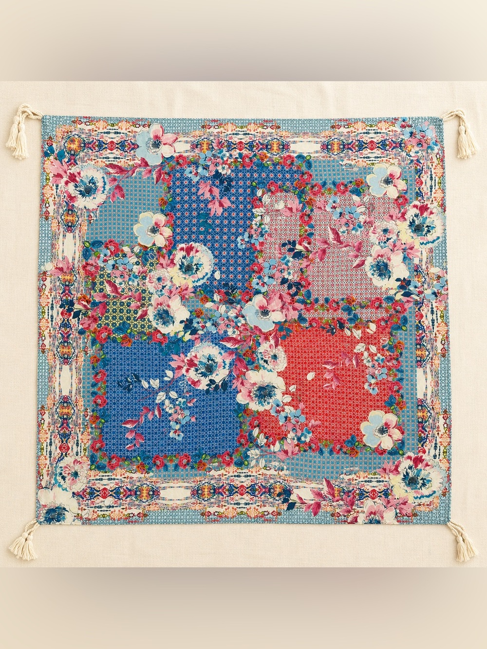 Johnny Was Silk Floral Patchwork Tassel Scarf Boho Festival 40x42